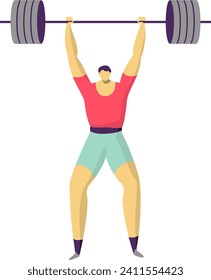 Strong male weightlifter lifting heavy barbell overhead. Strength training and muscle building vector illustration