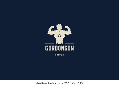 Strong man athlete with bicep muscle retro logo design template for gym club vector flat illustration. Athletic male coach bodybuilding sport training fitness physical exercise center logotype