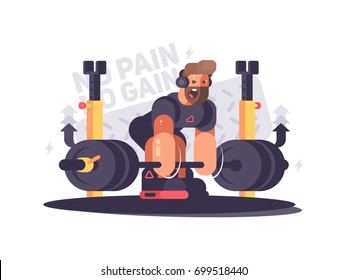 Strong man athlete does deadlift in gym. Vector flat illustration