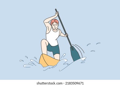 Hombre fuerte navegando en canoa. Deportistas con uniforme de remo en barco o barco en competencia. Deporte acuático. Ilustración vectorial. 