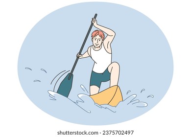 Hombre fuerte navegando en canoa. Deportistas con uniforme de remo en barco o barco en competencia. Deporte acuático. Ilustración vectorial.