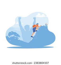 Strong man with a backpack on his back climbing a cliff. Climb with full power to get to the top of the cliff. Self-improvement concept. trend modern vector flat illustration