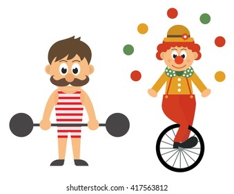 strong man with barbell and bike and clown 