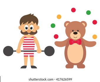 strong man with barbell and circus bear