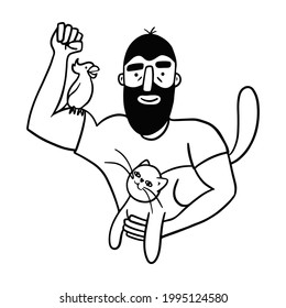 Strong man and beard holding cat   parrot  hugging them   smiling  Hand drawn line art  Concept strong caring man and animals