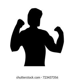 strong man with big muscles raises his hands silhouette design, isolated on white background. 