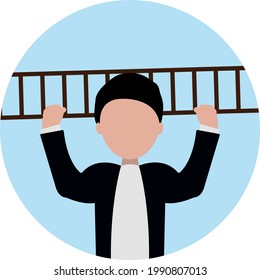 strong man in black jacket holding ladder behind him business and career concept