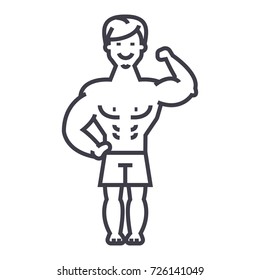 strong man, bodybuilder muscles vector line icon, sign, illustration on background, editable strokes