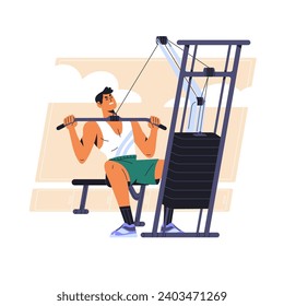 Strong man bodybuilding, lifts weight. People pump muscles, engage fitness, do workout in gym. Strength training on sport equipment, simulator. Flat isolated vector illustration on white background