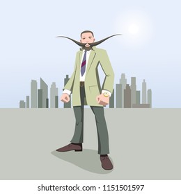 A strong man in a business suit with a huge mustache stands against the background of the silhouette of a metropolis.