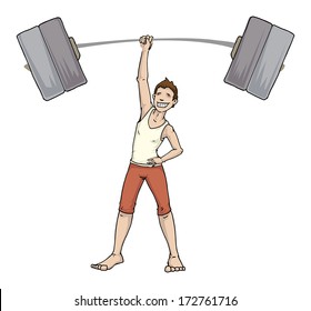 Strong man can lift weights with one hand, vector illustration