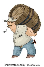 strong man carrying heavy barrel with alcohol - cartoon
