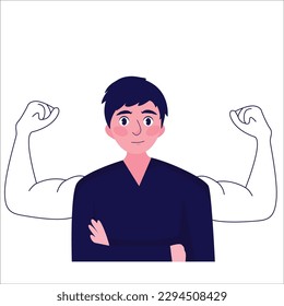 Strong man concept. Confident, happy male character with shadow showing off her biceps. Metaphor for strength and independence. Cartoon flat vector illustration isolated on white background