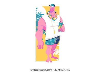 Strong man with cooling drink vector illustration. Dude in tropics with beverage flat style. Vacation, summertime, relaxation concept