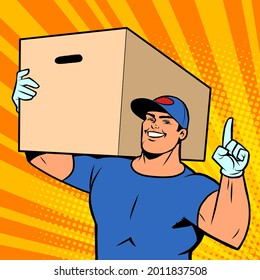 Strong man courier delivery in a box. Online store service