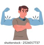 Strong man. Cute boy and muscular arms behind him. Independence, boy shows muscles dreaming of becoming big and strong. Flat vector illustration.