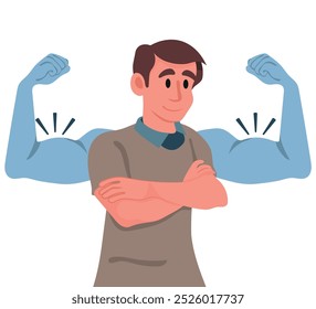 Strong man. Cute boy and muscular arms behind him. Independence, boy shows muscles dreaming of becoming big and strong. Flat vector illustration.