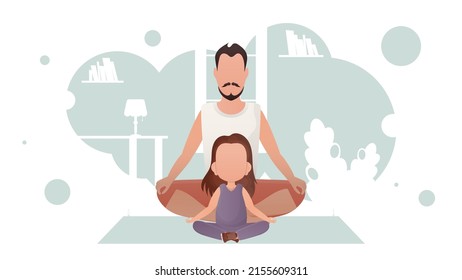 Strong man and cute little girl are sitting meditating. Meditation. Cartoon style. Vector illustration