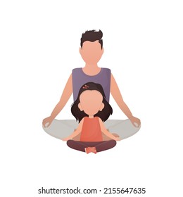 A strong man and a cute little girl are sitting doing meditation. Isolated. Cartoon style. Vector illustration