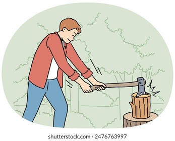 Strong man cutting wood with axe in forest. Guy splitting wood logs in nature. Camping and woodcutting. Vector illustration.