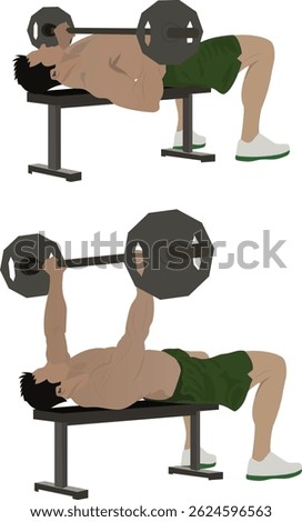 Strong man doing Barbell Bench Press exercise and showing both positions on white background flat vector illustration.