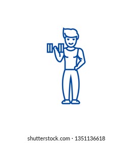 Strong man doing exercises  line icon concept. Strong man doing exercises  flat  vector symbol, sign, outline illustration.