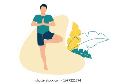 Strong man is doing yoga. He is in the poses of the tree. Boy is meditating. Healthy and wellness lifestyle. Harmony concept.