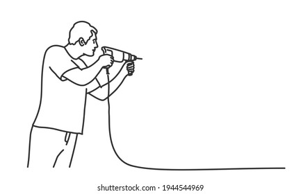 Un hombre fuerte perfora una pared. Ilustración vectorial dibujada a mano.