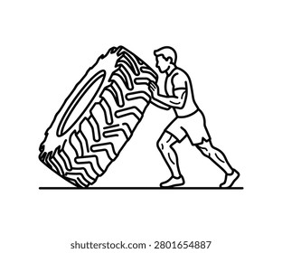 Strong man flipping giant tire line art for crossfit training