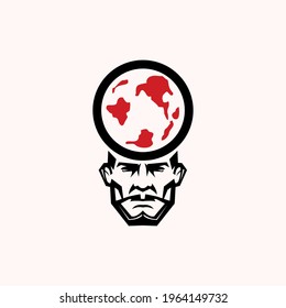 strong man with globe on his head logo, red planet behind human vector illustrations