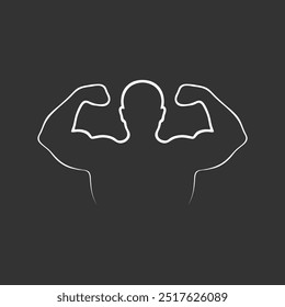 Strong man graphic icon. Brawny body sign isolated on black background. Bodybuilding and fitness symbol. Vector illustration