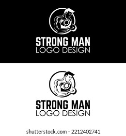 strong man gyms male bodybuilder flexing showing off bicep holding dumbbell in silhouette gym logo