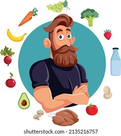 
Hombre fuerte con la Ilustración vectorial del Plan de Nutrición Apropiada. Un tipo comiendo masa muscular saludable
