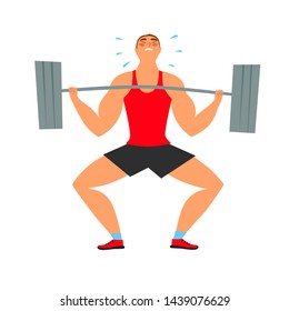 Strong Man With Heavy Barbell Struggle Doing Exercise. Sport And Healthy Lifestyle Illustration For Your Design.