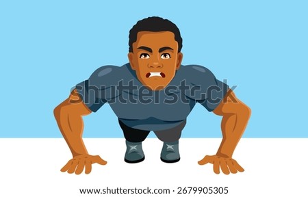 
Strong Man Holding on to the Plank Vector Cartoon. Tired athlete over-training with no breaks doing push ups 