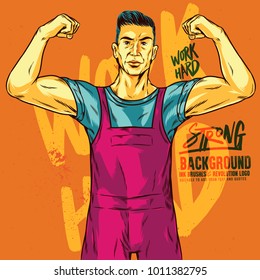 Strong Man Illustration With Work Hard Lettering Background