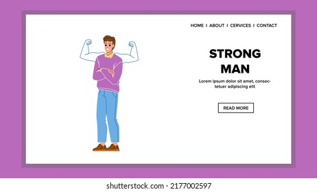 Strong Man With Imagination Hands Muscles Vector. Strong Man Dreaming Of Arm Power Or Success Achievement In Career Or Business. Character Motivation And Strength Web Flat Cartoon Illustration