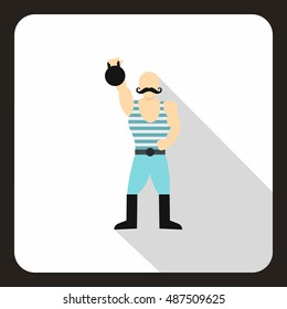 Strong man with kettlebell icon in flat style on a white background vector illustration