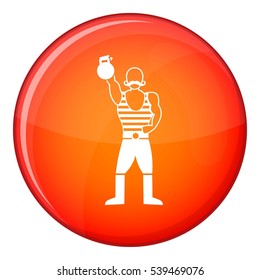 Strong man with kettlebell icon in red circle isolated on white background vector illustration