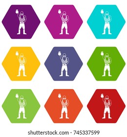 Strong man with kettlebell icon set many color hexahedron isolated on white vector illustration