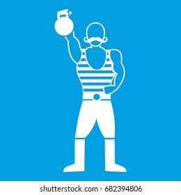 Strong man with kettlebell icon white isolated on blue background vector illustration