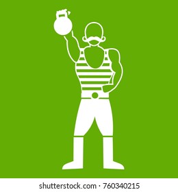 Strong man with kettlebell icon white isolated on green background. Vector illustration