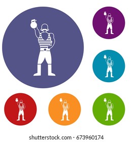 Strong man with kettlebell icons set in flat circle reb, blue and green color for web