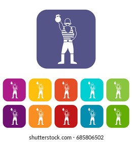Strong man with kettlebell icons set vector illustration in flat style in colors red, blue, green, and other