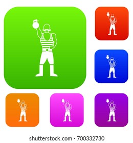 Strong man with kettlebell set icon in different colors isolated vector illustration. Premium collection