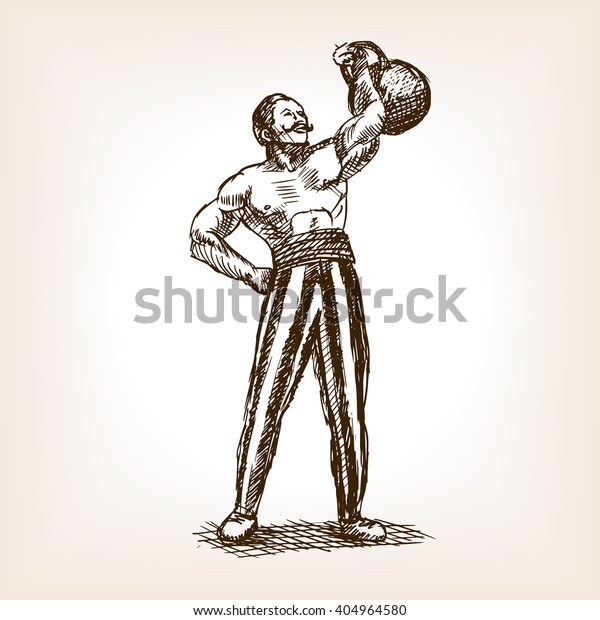 Starker Mann Mit Kettlebell Sketch Stil Stock Vektorgrafik Lizenzfrei