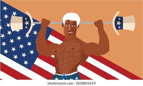 Strong man lifting dumbbells in American flag shorts with confident smile