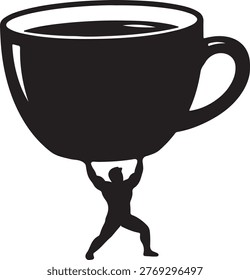 Strong man lifting giant coffee cup conceptual illustration of caffeine power or burden black and white hot drink caffeine kick strength beverage addiction enormous silhouette