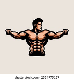 strong man muscle for gym logo isolated colored drawing line art style design illustration