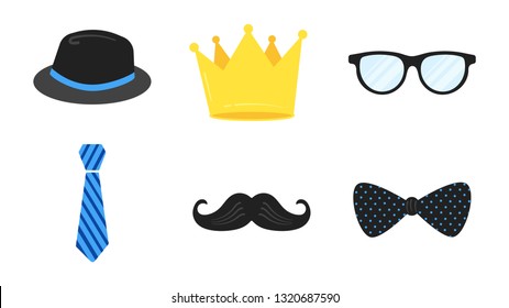 Strong man mustache, hat, golden crown, eyeglasses, tie, bow tie flat style icon signs set vector illustration isolated on white background. Symbol of the vintage dad or father web flat icons.